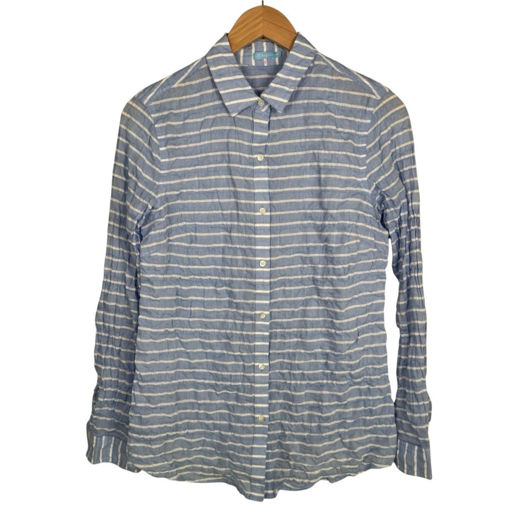 J. McLaughlin Crinkle Shirt Blue White Striped Button‎ Up Cotton Spandex Size XS